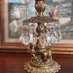 Vintage Brass Cherub Candle Holder with Hanging Crystals
